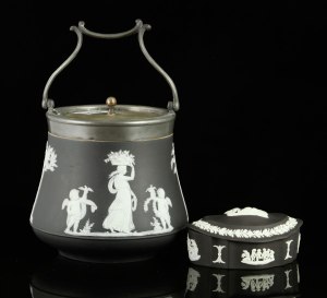 Lot #7349 Two pieces of black and white Wedgwood Jasperware, including a covered pot and a covered dish